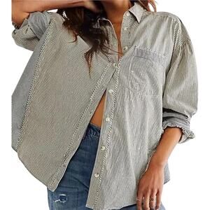 Free People We the Free Happy Hour Oxford Shirt Button Up Relaxed Stripe Gray XS